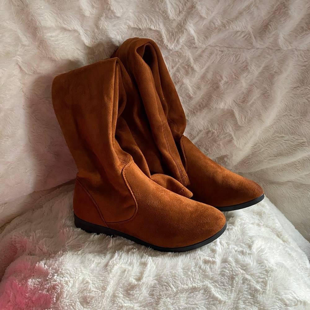 Rouge! Brown Winter Rain Boots Suede Low Heel